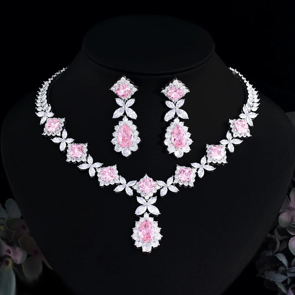 Luxury Pear-Cut Zirconia Water Drop Floral Necklace & Earrings Bridal Set — Rhodium Plated