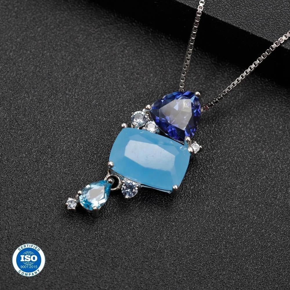 ArtistA Abiding OEM Custom Women Jewelry Natural Gemstone 925 Sterling Silver Aqua-Blue Chalcedony Blue Topaz Quartz Ring Earrings Set