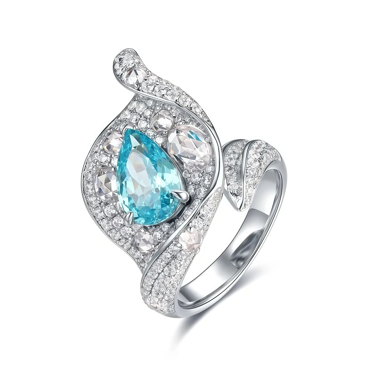 MUSHAN Jewelry Factory 925 Silver Rings High Carbon Diamond Lab Grown Gemstones Blue Paraiba Water Drop Calla Lily Shape Ring