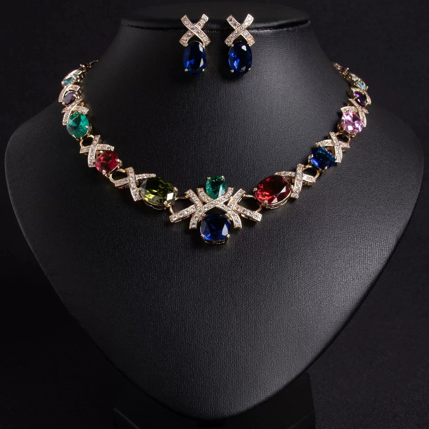 XM S299 Gold Plated Oval Cut Zircon Floral Statement Necklace & Earrings Bridal Set