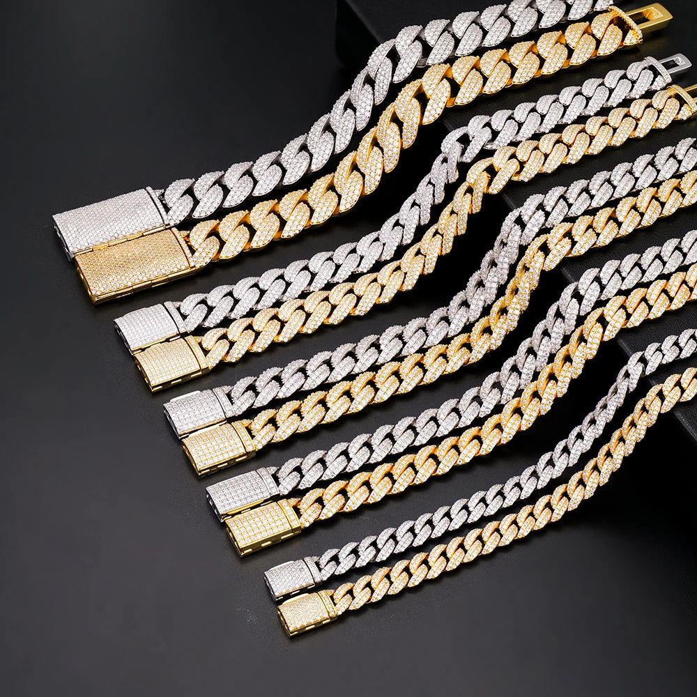 Factory Wholesale 8-20mm Gold Plated Vvs Iced Out Full Diamond Miami Moissanite 925 Sterling Silver Cuban Chain Link Bracelet