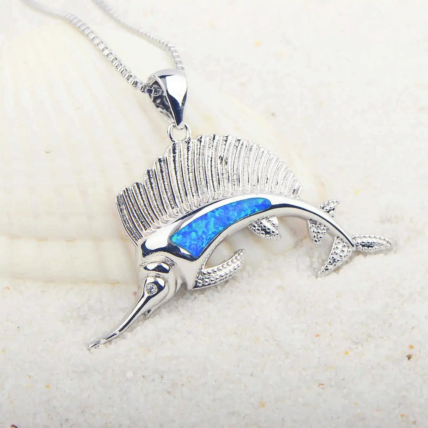 Trendy Christian Copper Silver Plated Ocean Marlin Pendant Blue Opal Sweater Chain Link Chain Nautical Necklace for Beach