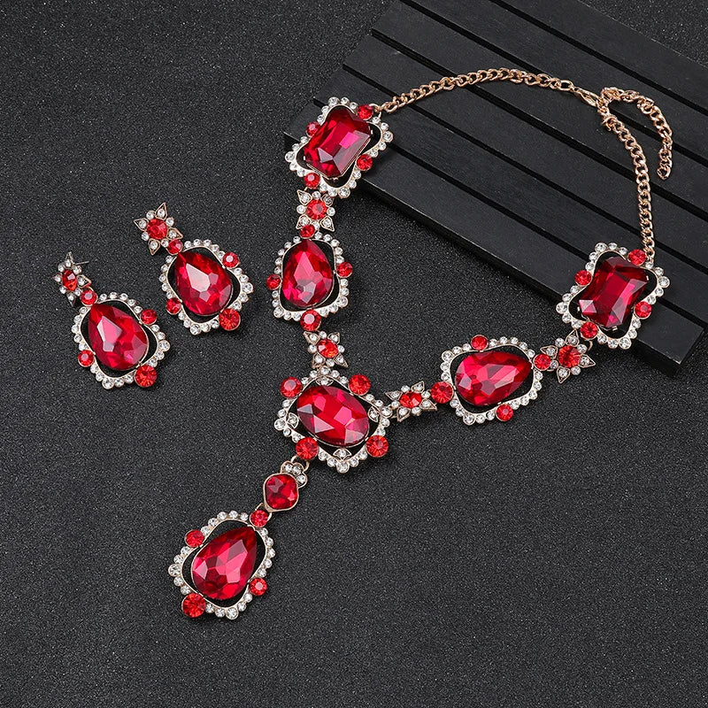 Crystal & Rhinestone Statement Necklace & Earrings Jewellery Set | Bold Retro Glam Fashion Set