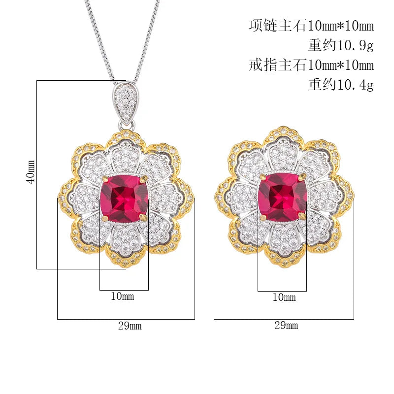 Gemfiori Super Flash Color Treasure Light Luxury Premium Pomegranate Red Pendant Ring Set Cold Style Charm Jewelry