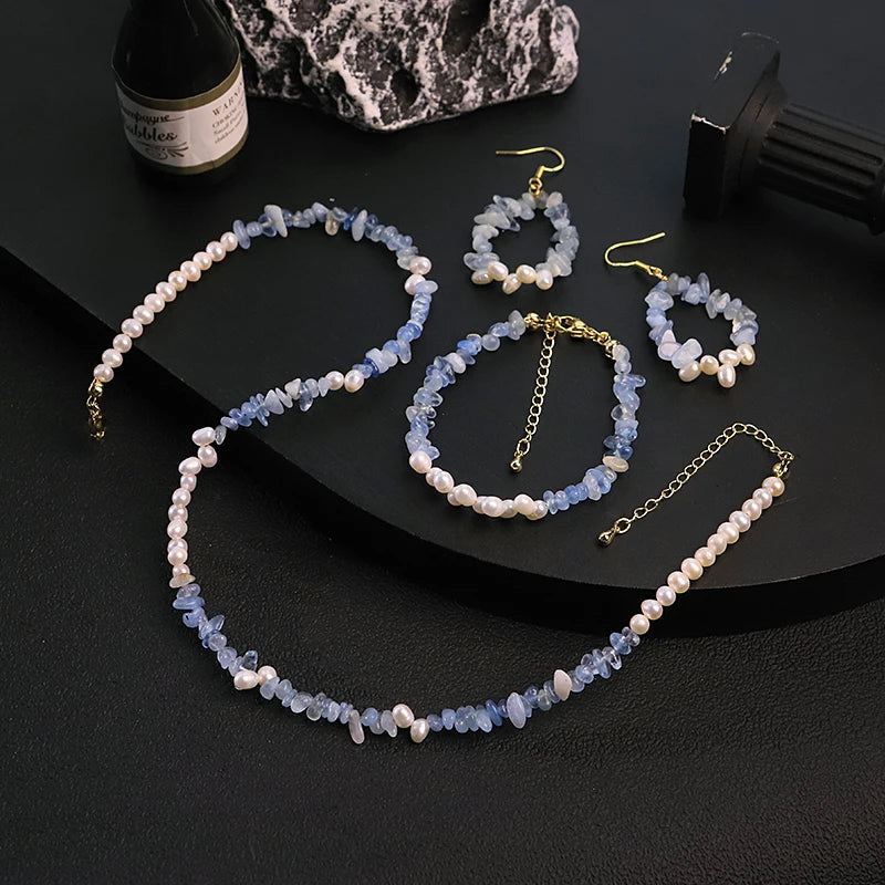 GLSEEVO Natural Freshwater Pearl & Raw Aquamarine Chip 3-Piece Jewellery Set — Necklace, Bracelet & Earrings