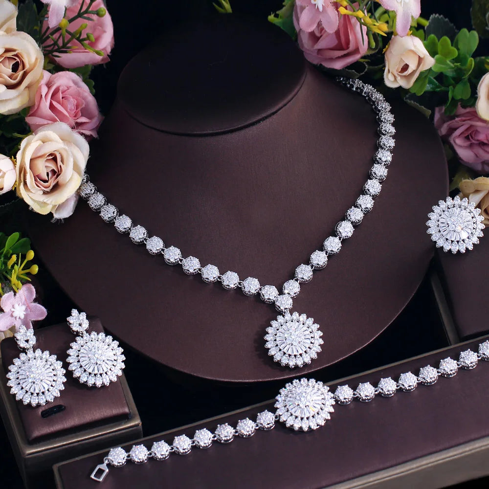 Female Luxury Cubic Zircon Jewelry Set Round Shape 4pcs Necklace Ring Earring and Necklace Jewelry Sets for Women Wedding Party