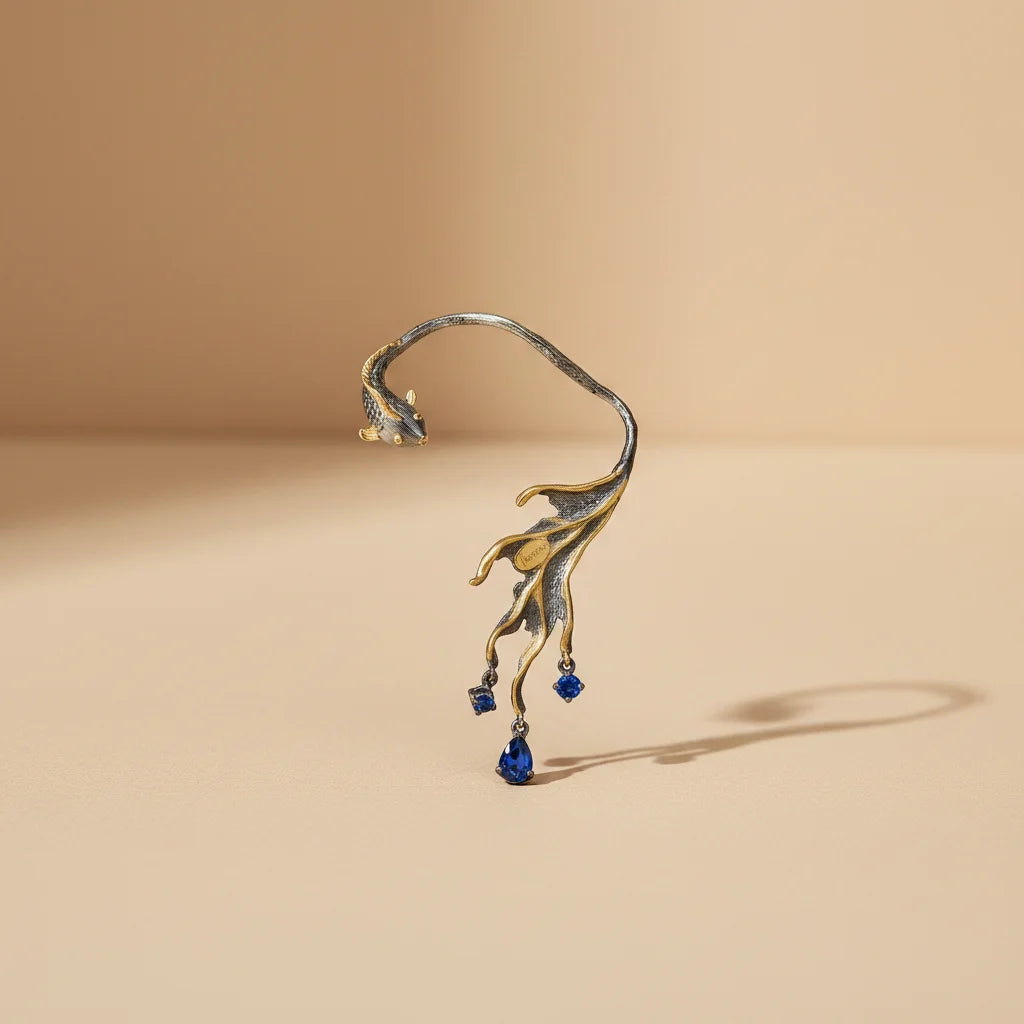 Unique Fashion Lovely Fish Cover Ear Cuff Clip Earring With Blue Spinel