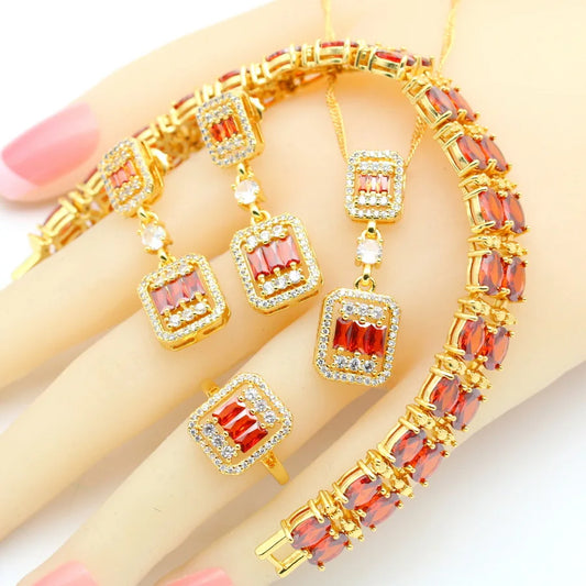 2023 New Red Zirconia Crystal Set for Women Classic Alloy Bracelet Earrings Ring Pendant Necklace for Wedding Party Anniversary