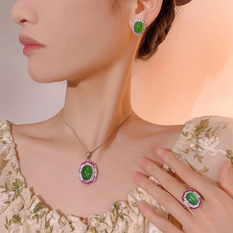 Gemfiori New Hot Selling High-quality Jewelry Simulation Green Chalcedony Zircon Retro Light Luxury Set