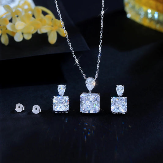 S925 Sterling Silver Sparkly 8A Ice-Flower Cut Cubic Zircon Pendant and Earrings Jewelry Set for Women Gift Daily Wear