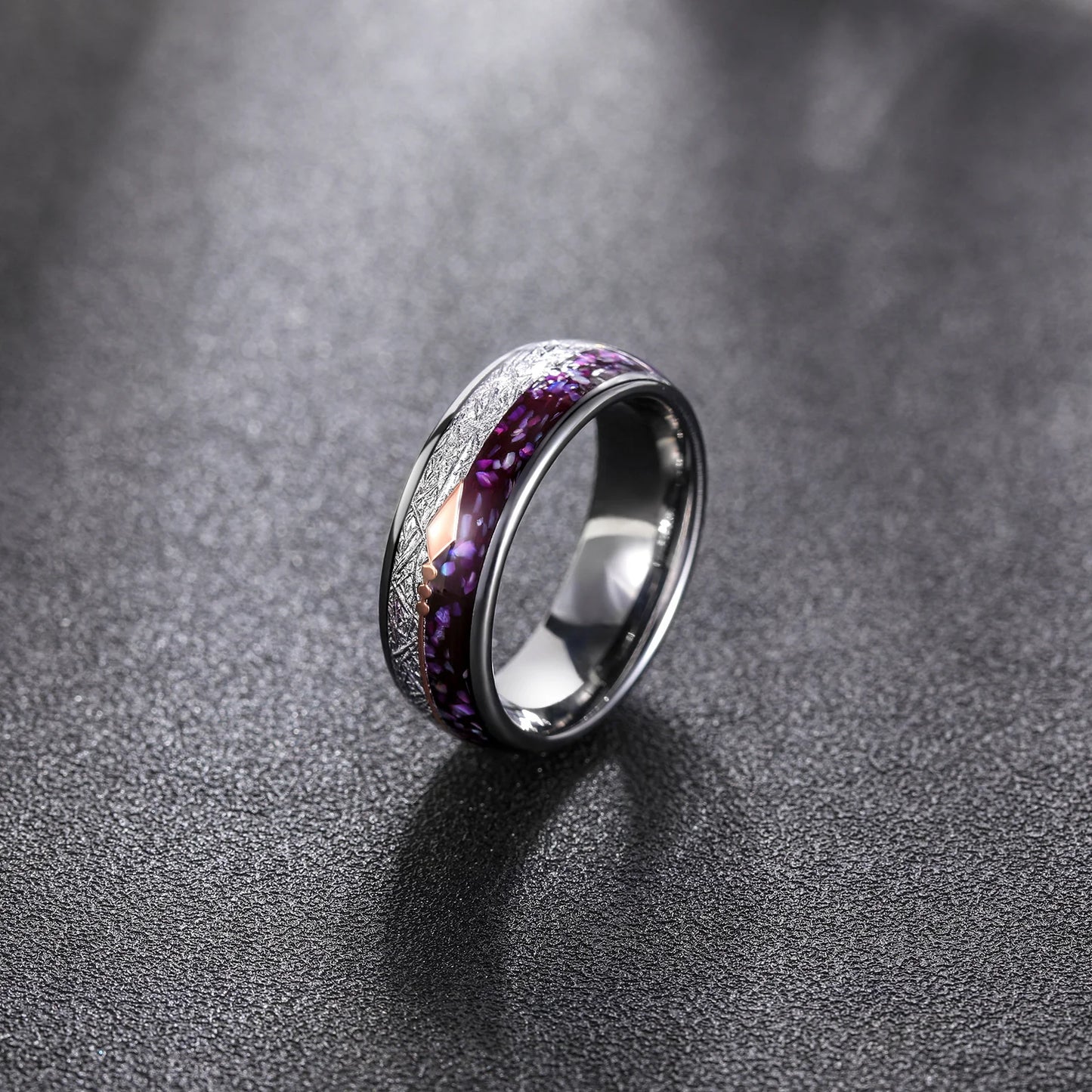 OAHLAN 8mm Rose Gold Arrow Purple Agate and Meteorite Domed Ring Men Women Wedding Engagement Bands High Polish Tungsten Ring