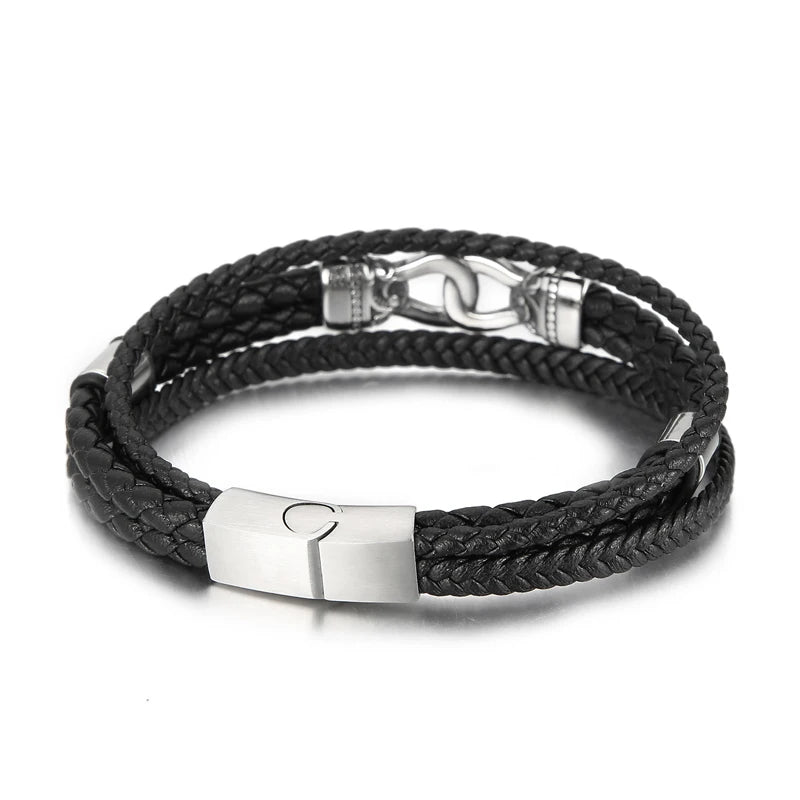 VIKING Mens Vintage Charm Leather Strand Bracelet – Black Stainless Steel
