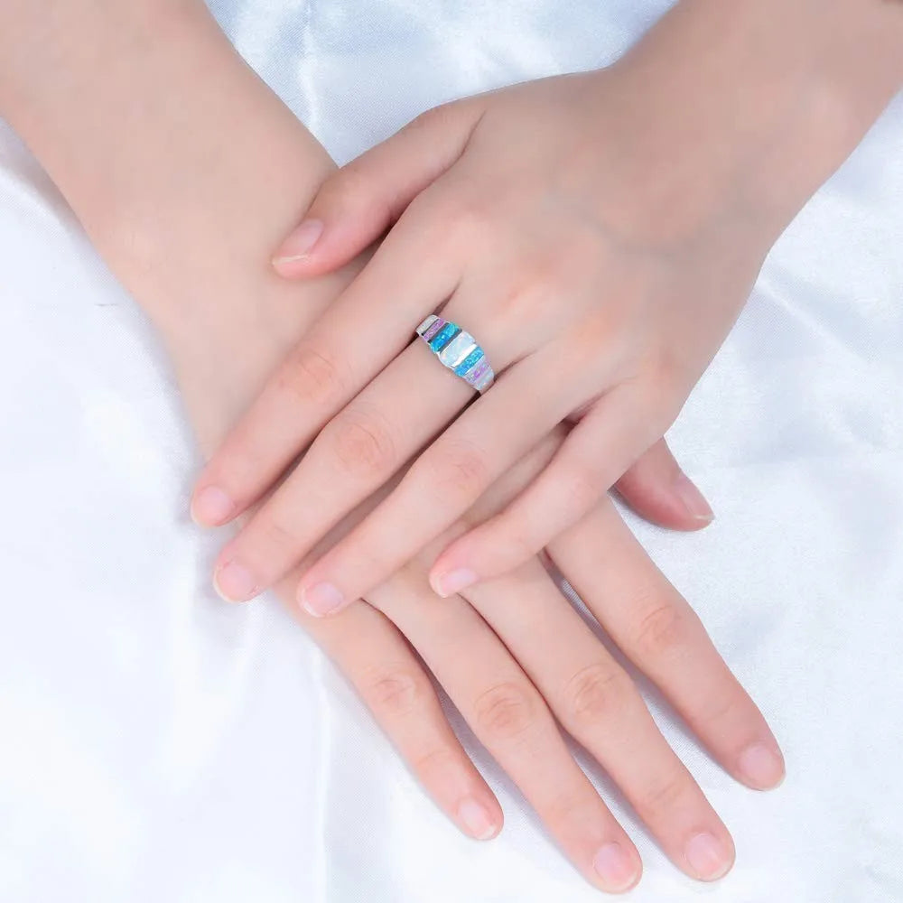 Bohemian Opal Ring Colorful Block Design with Dazzling Rainbow Sparkle