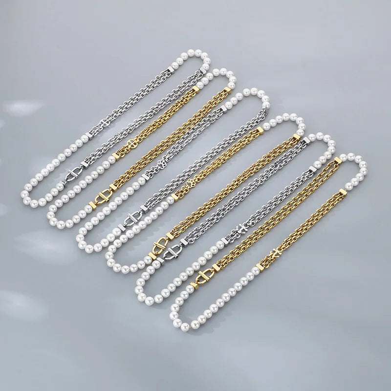 REBEL Unisex Elegant Noble Style Stainless Steel&Pearls Necklace