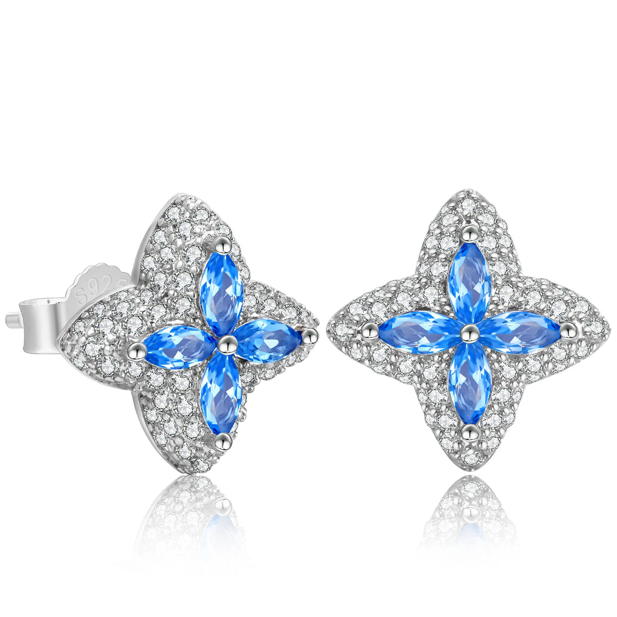 REBEL Blue CZ Stud Earring Simulated Sapphire Hip Hop Jewelry 14K Gold Plated 925 Sterling Silver Hypoallergenic Iced Out Earring