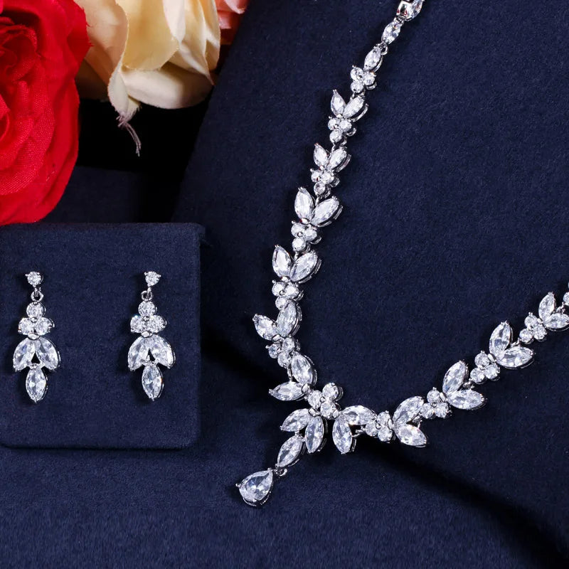 S&S CZ Leaf Bridal Jewellery Set – Dangling Earrings & Necklace – Collection