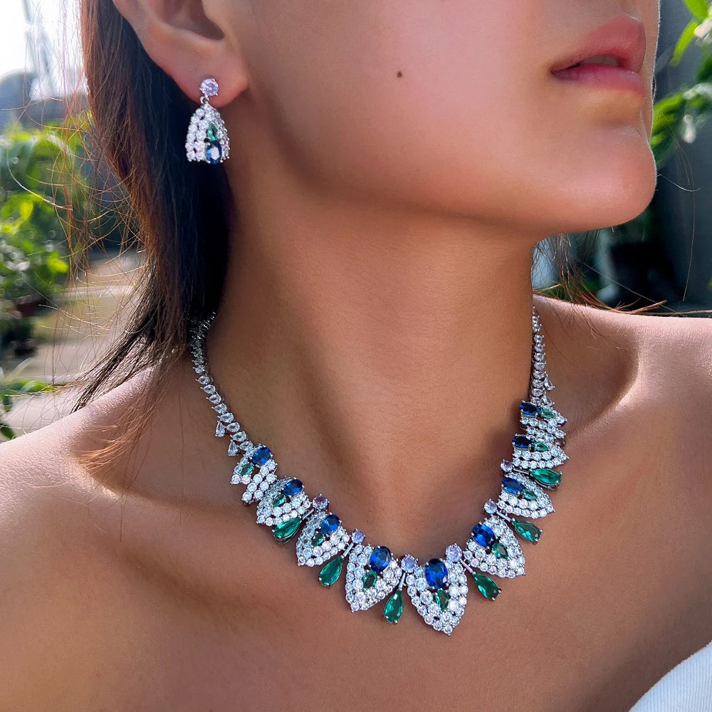 Luxury Brilliant Blue Synthetic Tanzanite Stone and Cubic Zirconia Shield Design Bridal Wedding Party Jewelry Set for Women