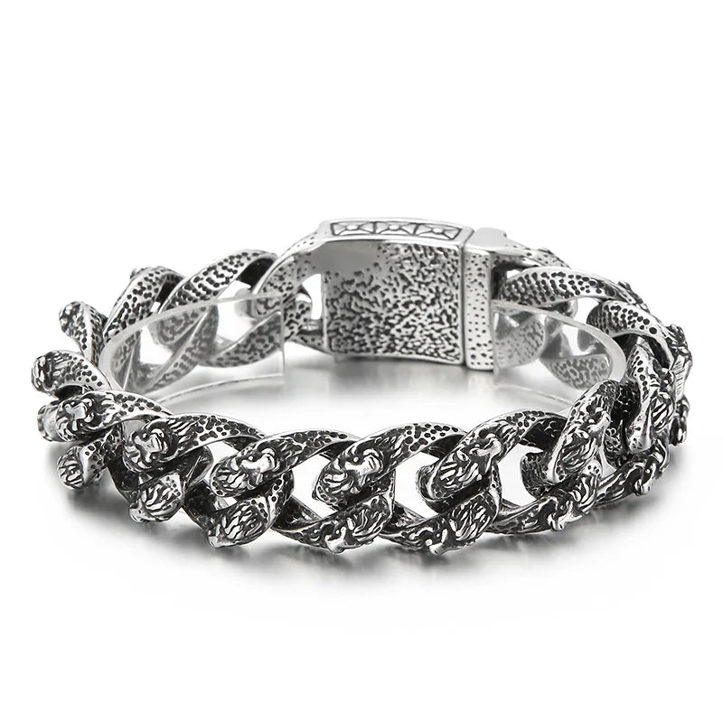 VIKING Mens Punk Lion Head Pattern Link Bracelet – Silver Stainless Steel