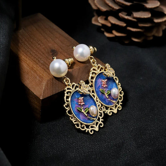 Natural Freshwater Pearl Oil Painting Butterfly Earrings Korean Style Women Luxury Jewelry Fashion Ladies and Girls Gift GE1569