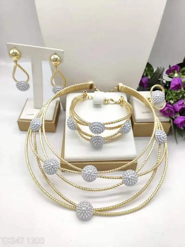 Zhuerrui Gold Plated Multi Layer Jewelry Set Model Diamond Ball Elegant Necklace Bracelet Earrings Ring for Women X00131