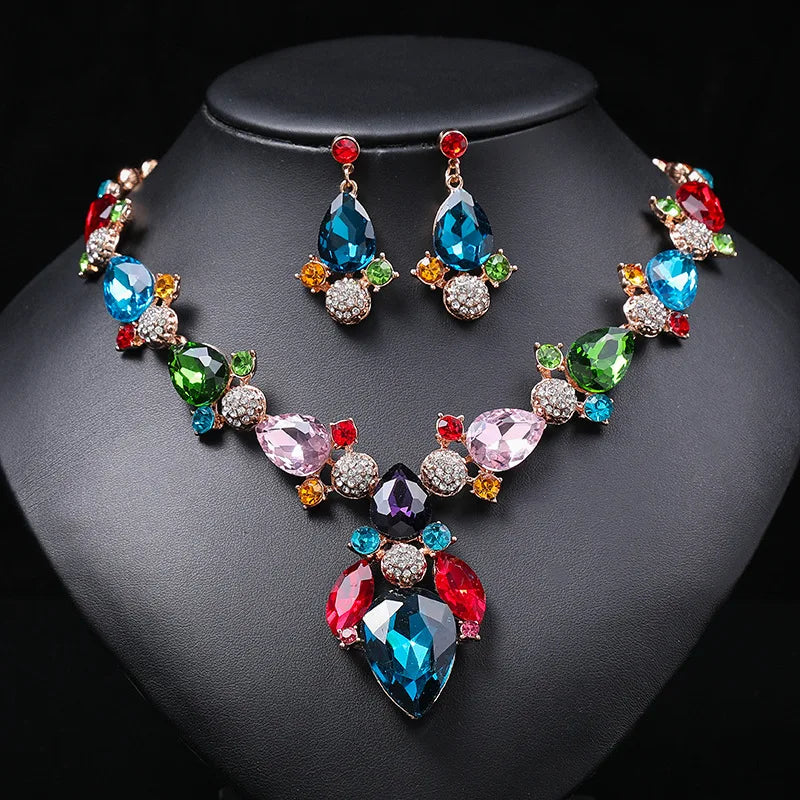 Crystal Cross-Mirror Geometric Necklace & Earrings Jewellery Set | 8 Colours Statement Fashion Set