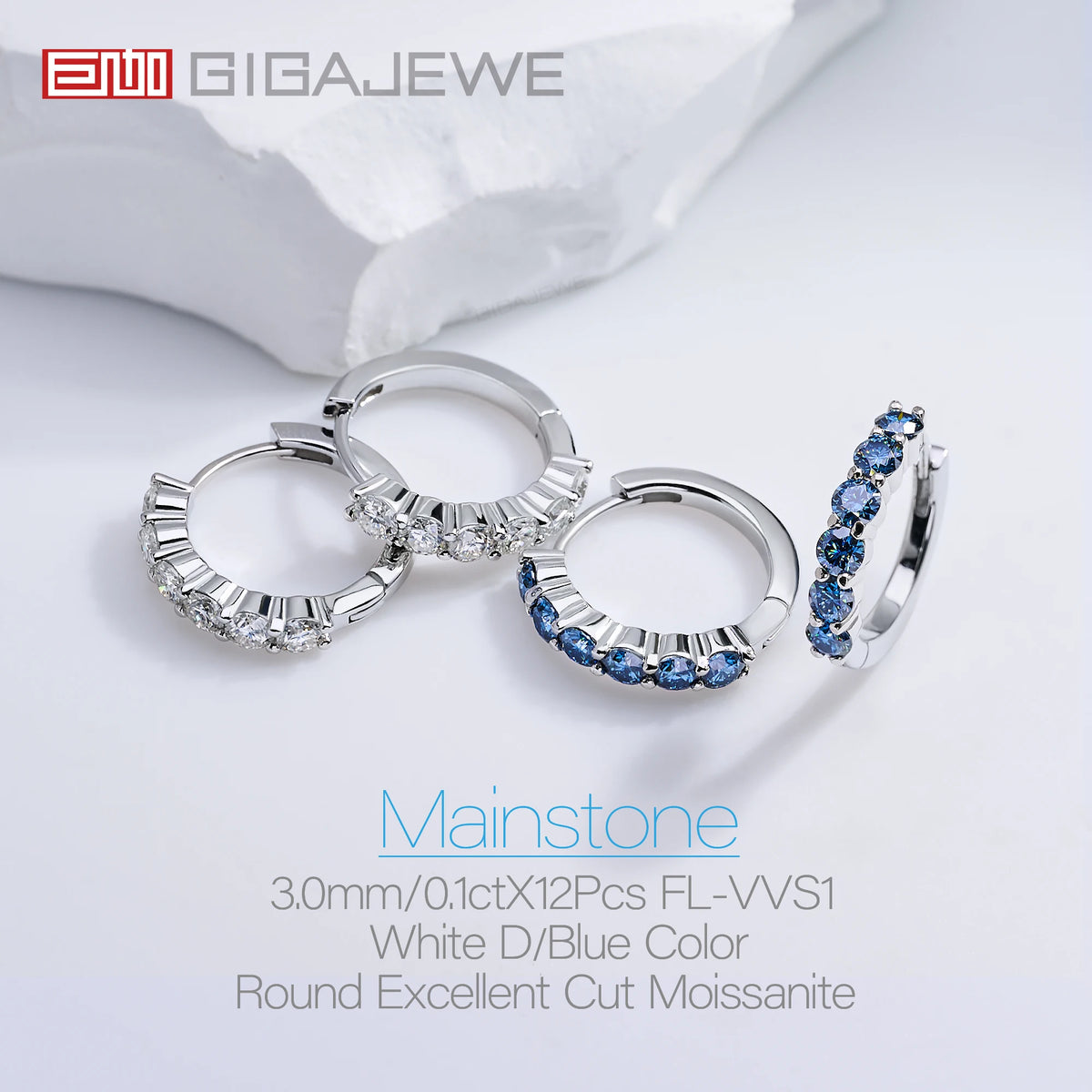 GIGAJEWE 3.0mm Total 1.2ct White/ Blue/ Green Color Moissanite Silver 925 Plated White 18k Gold Hoop Earrings