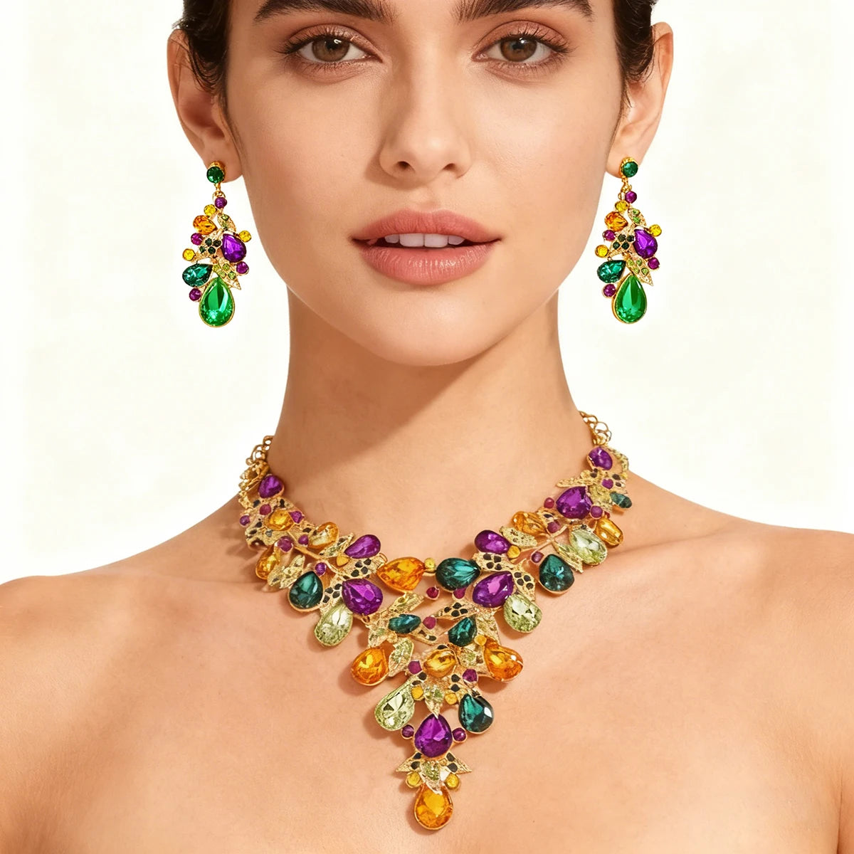 S&S Rhinestone Flower Necklace & Earring Set | Purple | Gold Plated