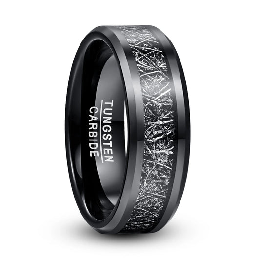 REBEL 8mm Width Chamfer Black Plated Inlaid Imitation Meteorite Men's Tungsten Ring Jewelry