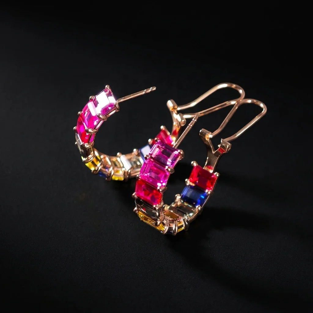 Gemfiori Luxury Fine Jewelry Colorful Emerald Cut Lab Grown Sapphire Solid 18K Rose Gold Earrings for Female Anniversary Gift Engagement
