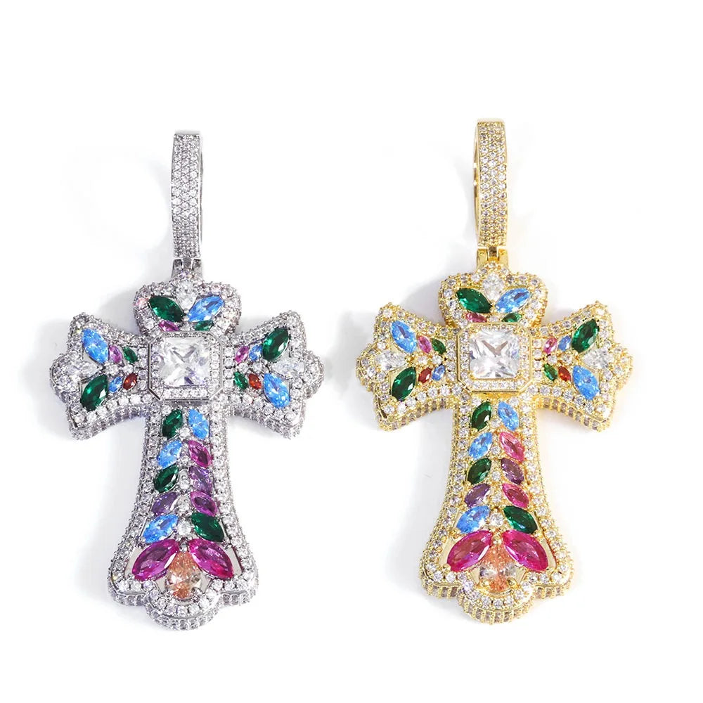 BiG-BOSS Hip-hop Colored Gemstone Wheat Ears Cross Pendant. Factory Direct Sale.