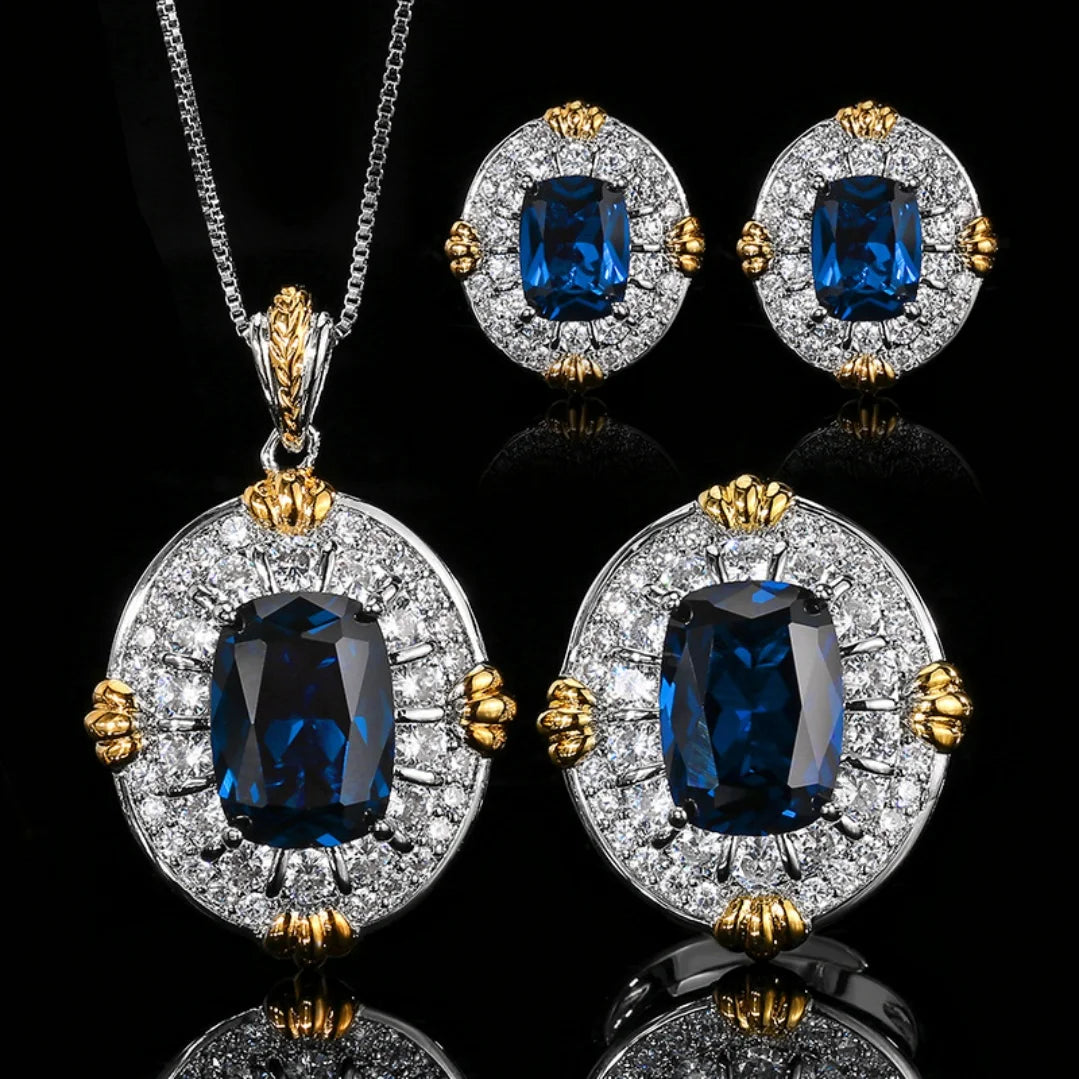 S&S Dark Blue Pointed Crystal CZ Jewellery Set – Pendant, Ring & Earrings – Gold Plated – Collection