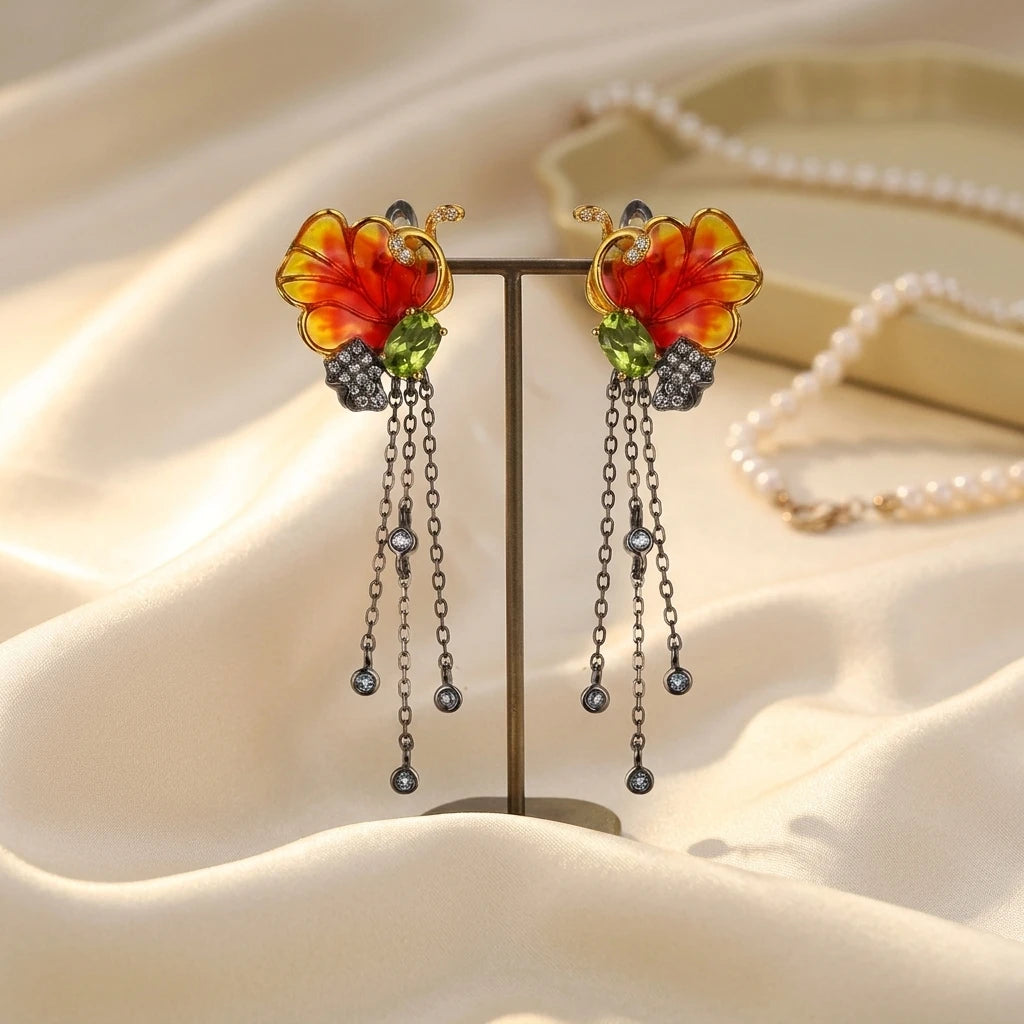 Fashion Delicate High Quality S925 Sterling Silver Classic Wedding & Party White Zircon/Peridot/Blue Topaz Chain Tassel Earrings