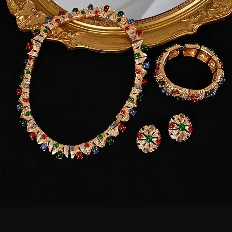 Medieval Retro Copper Inlaid Rhinestone Necklace Earrings Bracelet Fashion Light Luxury Elegant Jewelry Set