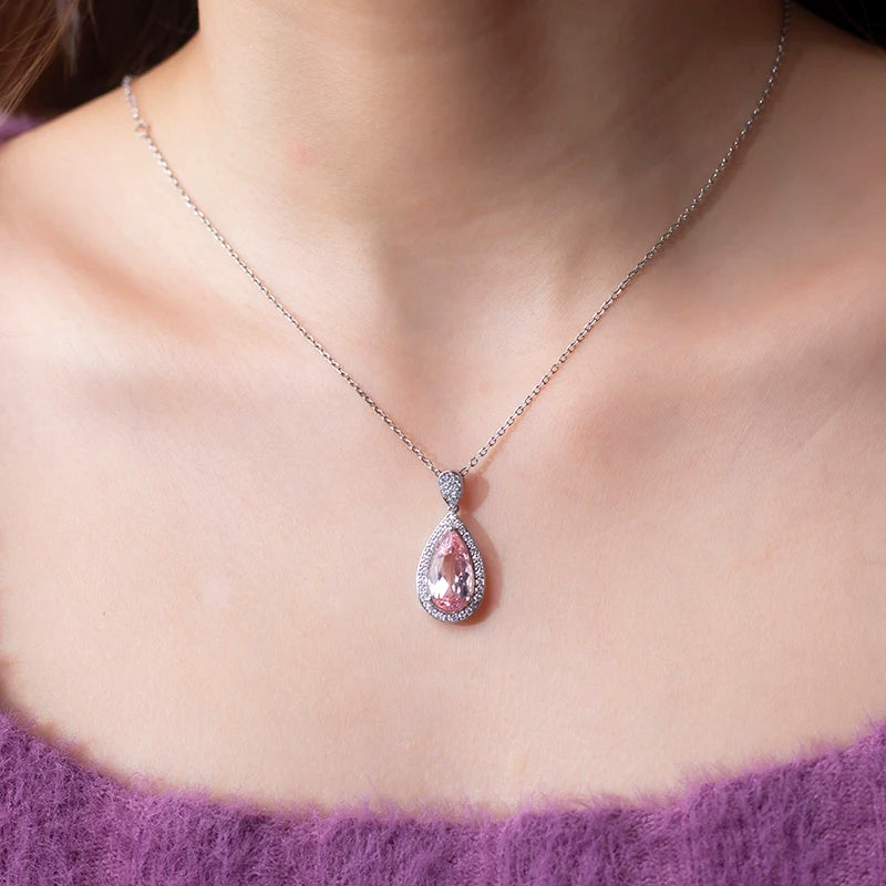 Messi Jewelry MSN-652 Silver 925 Necklace Lab Morganite Pear Cut Pink Channel Setting Diamond Pendant Necklace