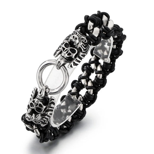 KALEN Punk Fine Jewelry Fashion Bracelets Men Stainless Steel Micro Fiber Leather Skull Links Bracelet Bangle