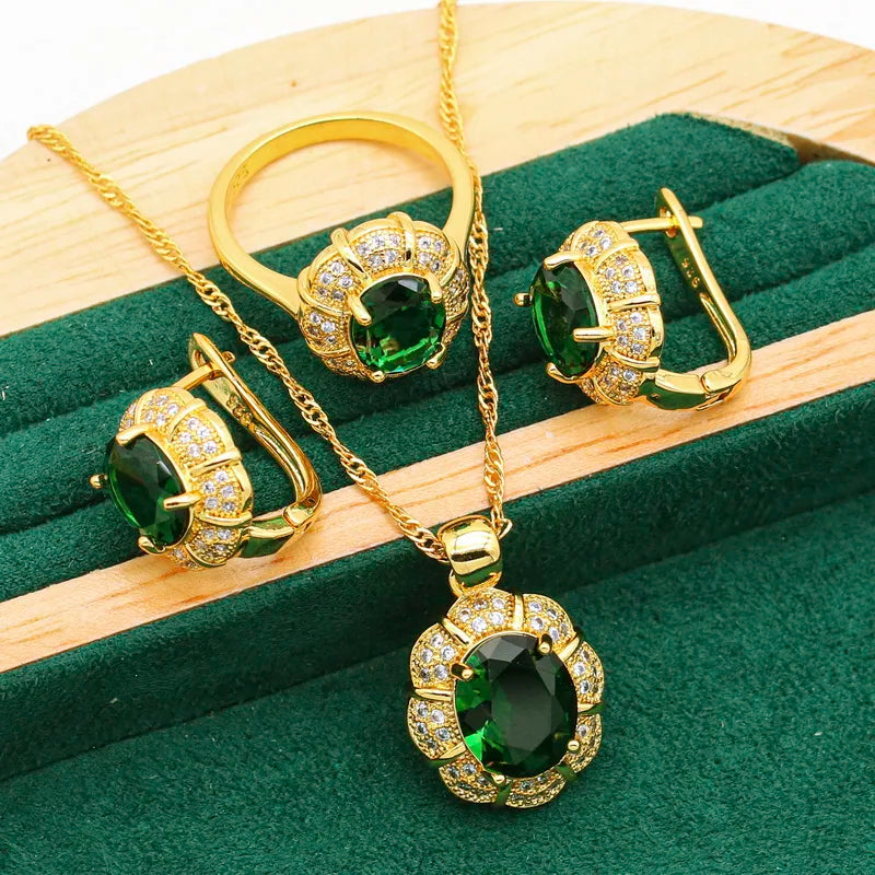 XOTICA Women's Gold Plated Wedding Jewelry Set Green Blue Emerald Including Hoop Earrings Bracelet Pendant Necklace Ring for Parties