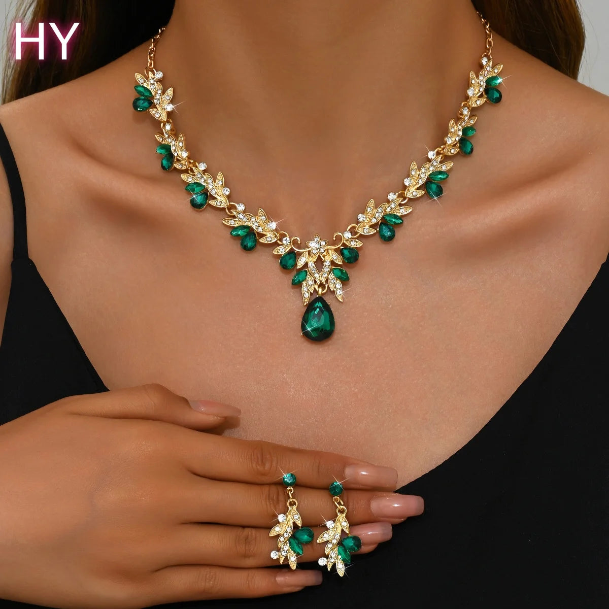 HY Women's Fashion Gold-Plated Bridal Jewelry Sets Rhinestone Crystal Wedding Necklaces Earrings for Parties Engagements Wedding