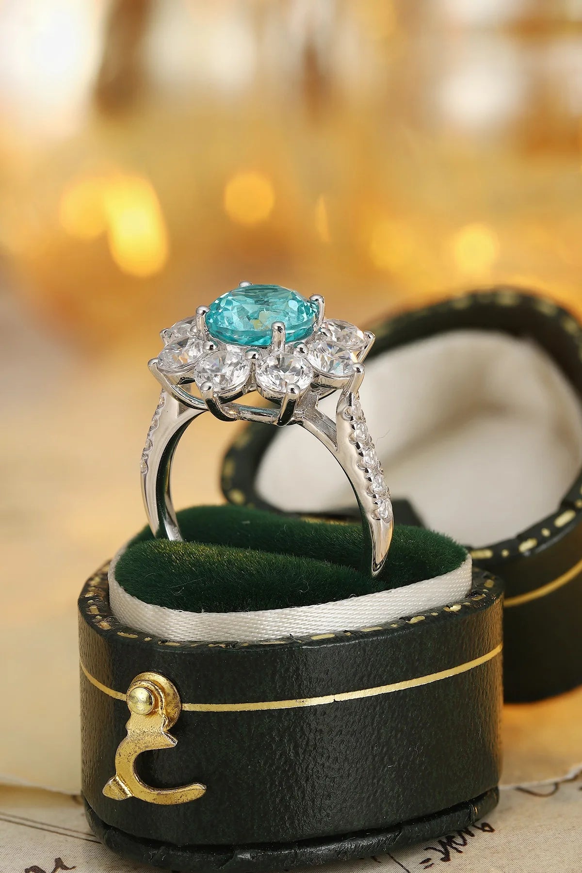 Gemfiori Anster 925silver Round Lab Grown Paraiba and Moissanite Ring for Women Customized Service Rings Acceptable