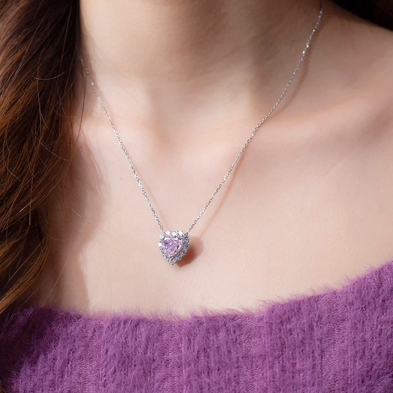 Messi Jewelry MSN-653 Pink Heart Cut High Carbon Diamond Cubic Zirconia Necklace Classic Style Pendant Necklace