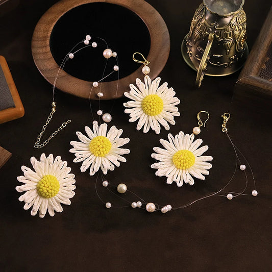 GLSEEVO Handmade Daisy Flower Pearl Jewelry Set for Woman Natural Freshwater Pearl Dangle Earring Necklace Fashion Jewelry