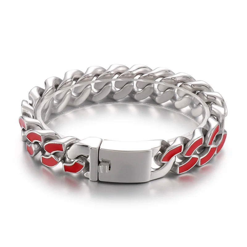 KALEN 220mm Men Stainless Steel&Red/Blue Enamel Cuban Links Chain Bracelet