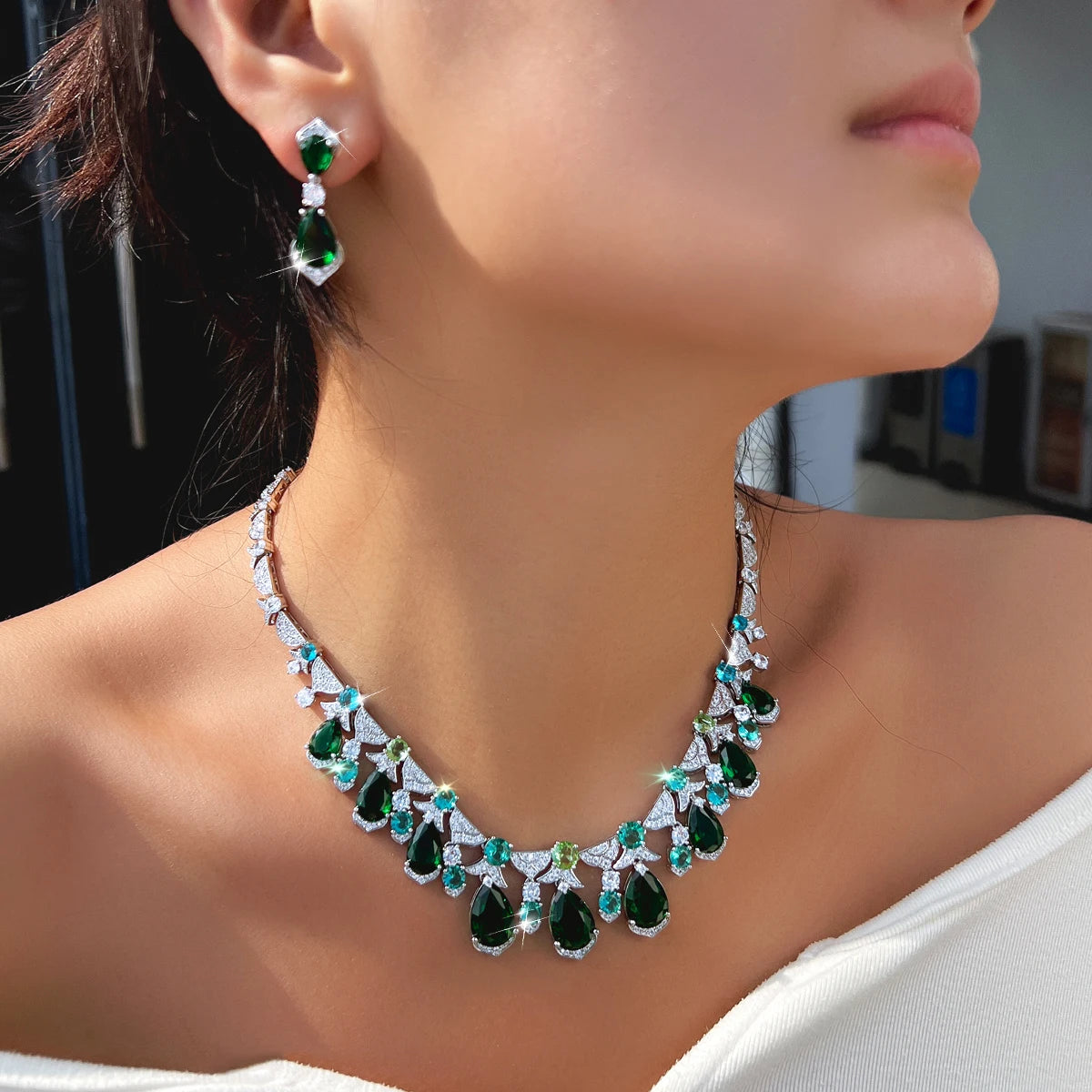 Trendy CZ Jewelry Set Light Blue Round Green Drop Zirconia Tennis Necklace Earrings Jewelry Set for Women Lady Valentine's Gift