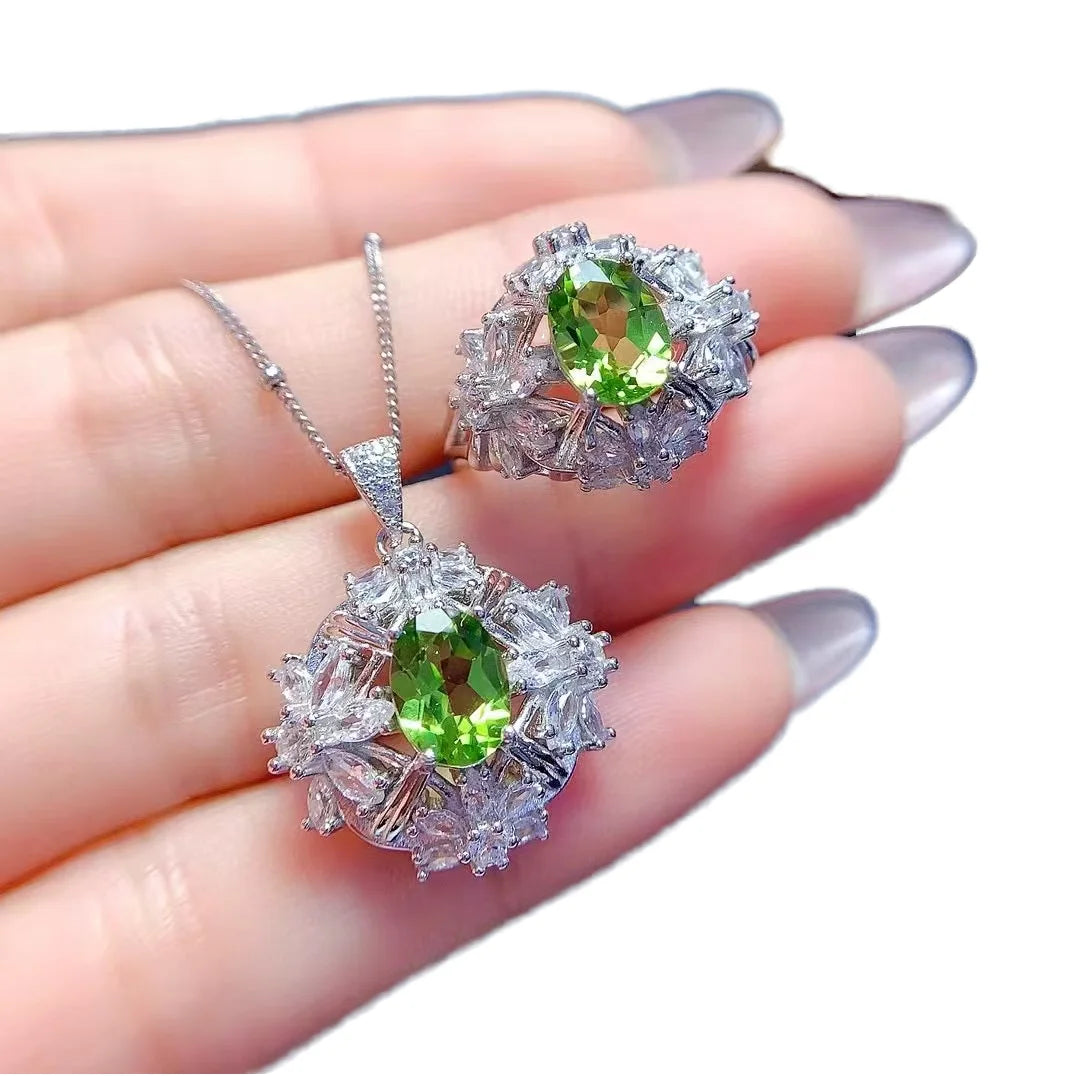 REDheart Luxury Gold Plated 925 Sterling Silver Natural Peridot Claw Setting Necklace Ring Kids Jewelry Set Wedding Party Birthday Gifts