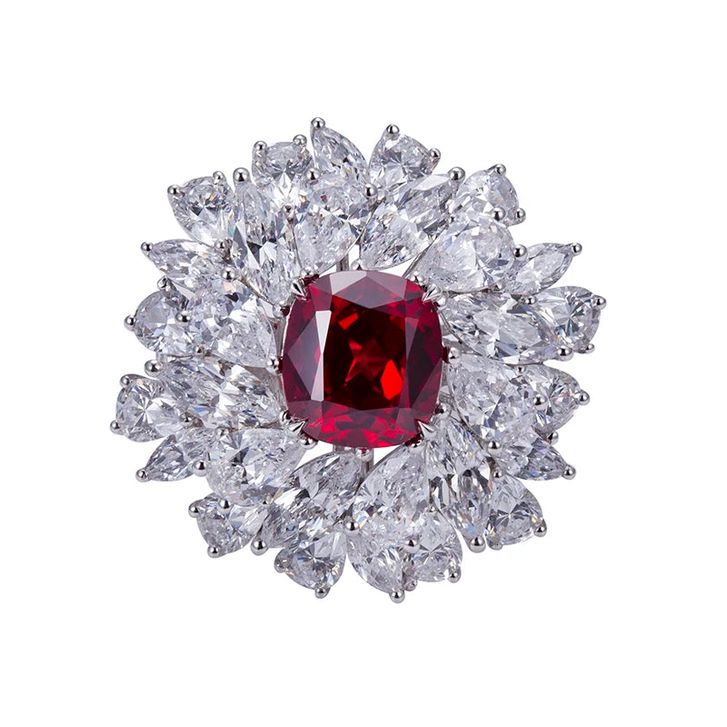 Messi Jewelry MSR-956 S925 Lab Ruby Cushion Cut Ring Flower Design Engagement Ring Wedding Band Classic Gift