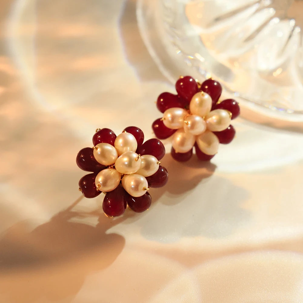 Natural Freshwater Pearl Natural Stone Flower Earrings Korean Style Women Luxury Jewelry Fashion Ladies and Girls Gift GE1588