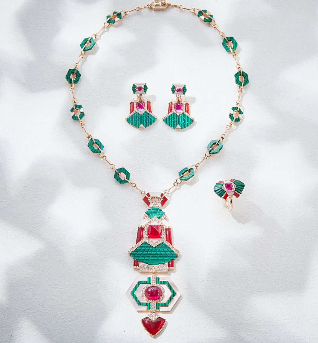 Luxury Green Malachite & Red Ruby Gemstone Claw-Set Pendant Necklace, Earrings & Ring Bridal Set — Rose Gold & Rhodium Plated