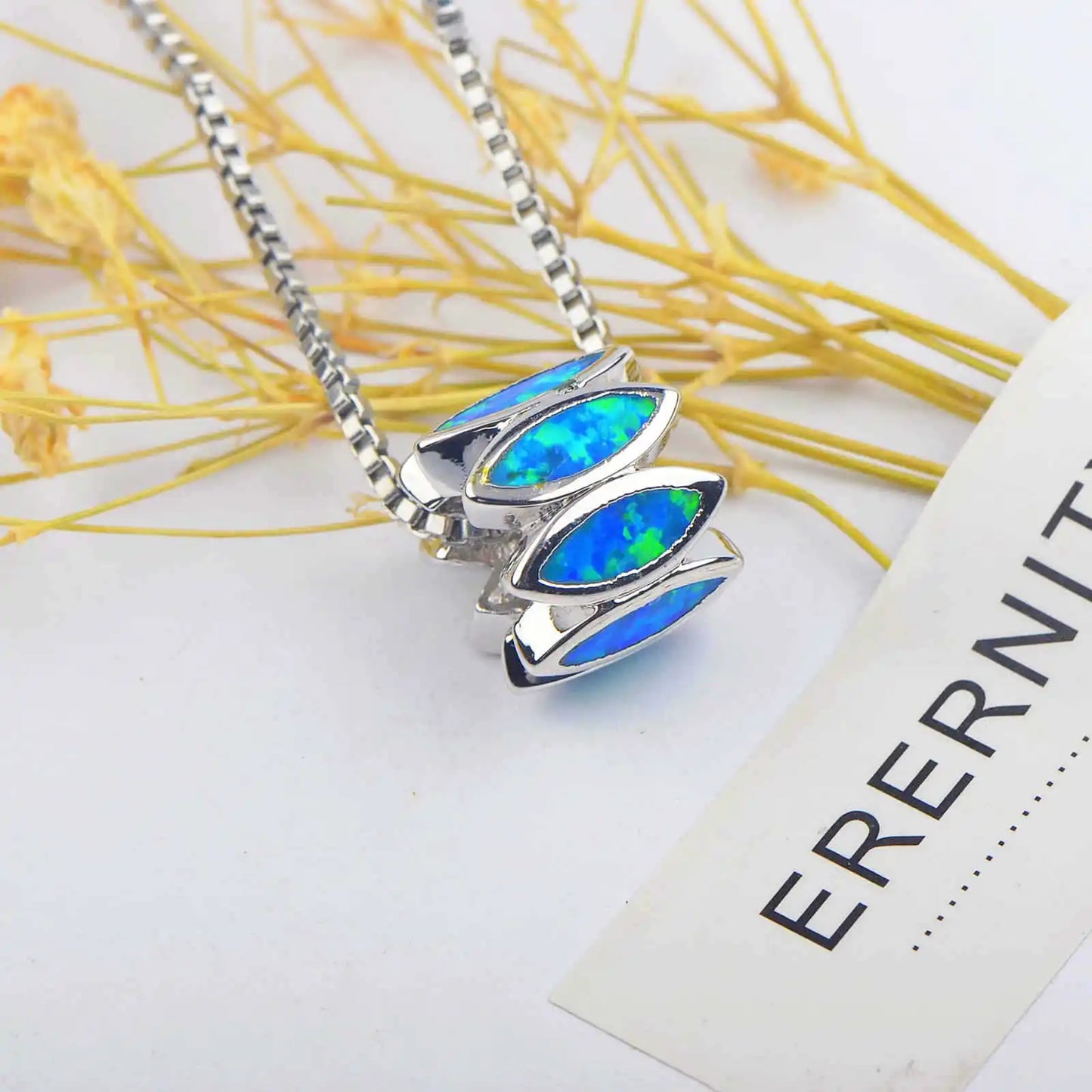Aobao Christian Geometric Copper Box Chain Lariat Necklace with Opal Pendant Silver Plated Gift