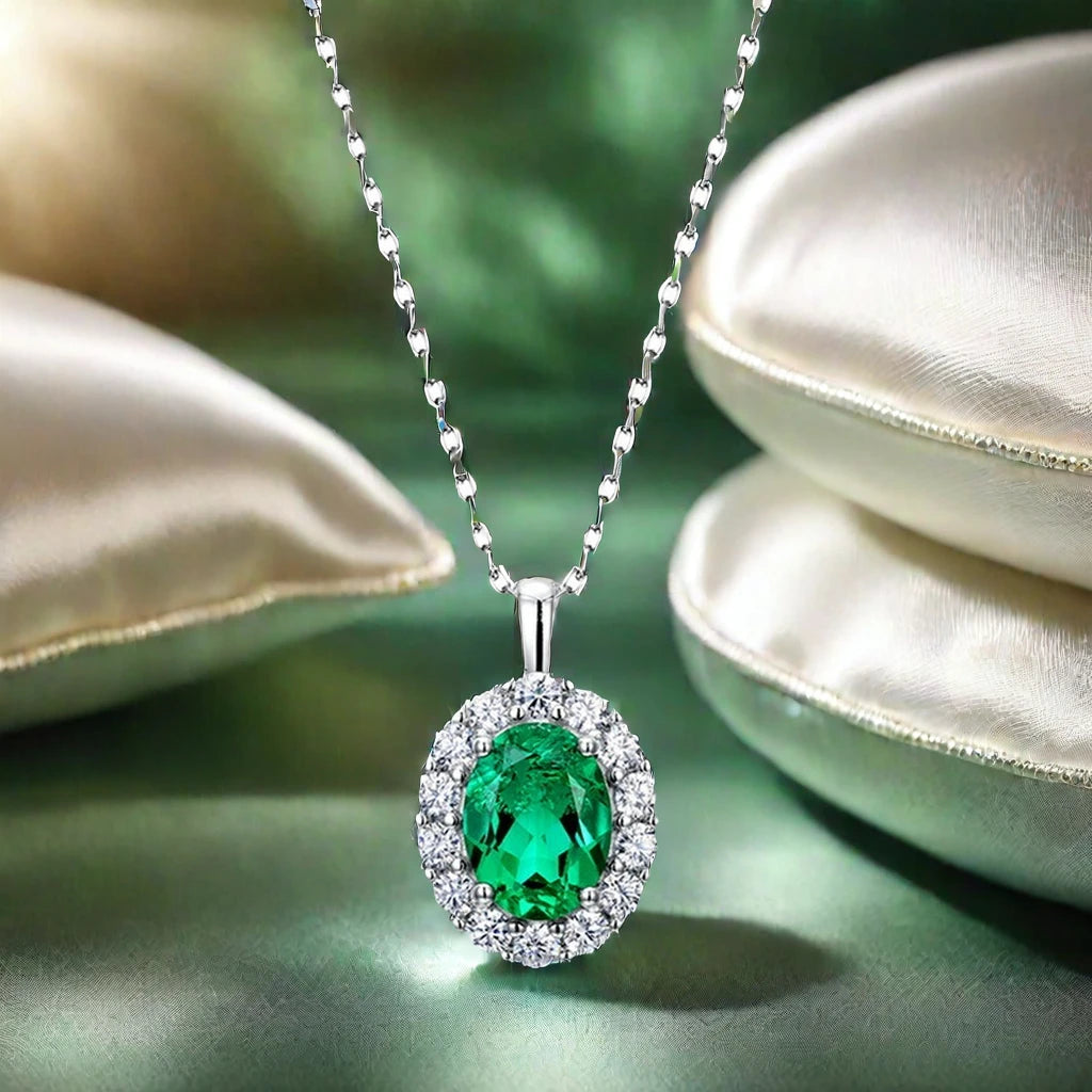 Oval Shape Vintage 925 Sterling Silver 1ct  Lab Grown Emerald Pendant Necklace Lab Grown Diamond Necklace for Gift