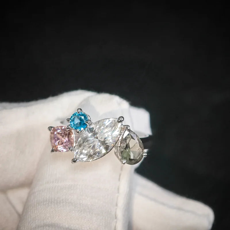 Gemfiori Fine Jewelry PT950 Marquise Cut Moissanite Sapphire Cocktail Colorful Gemstone Ring Pear Platinum Ring Pass Diamond Tester