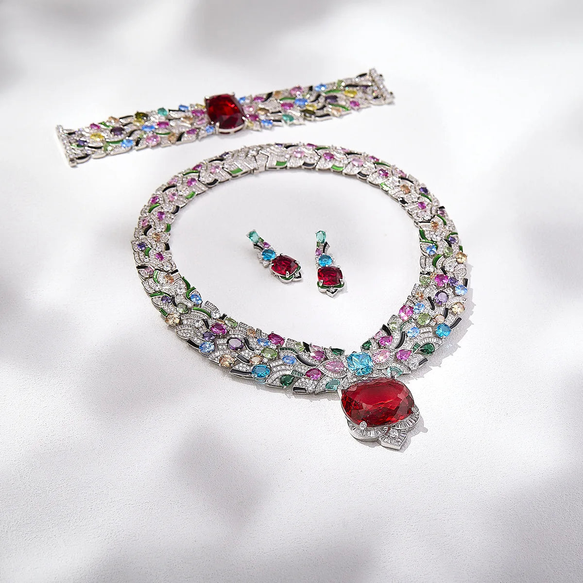 Luxury Colorful Gemstone Jewelry Set Gold Plated Enamel Heavy Design Brand Style Evening Party Dress Accessories